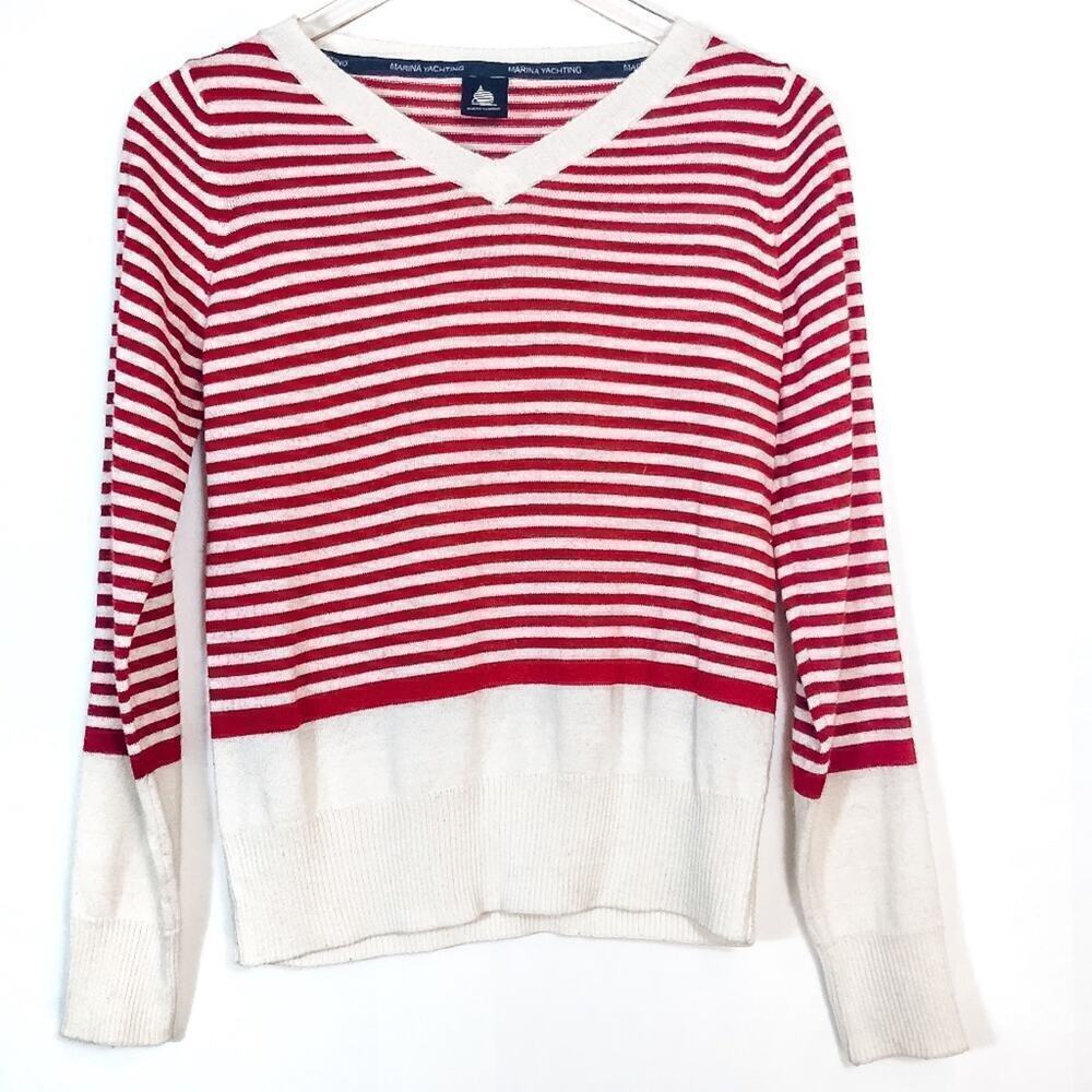 Marine Yachting Red & White Stripe Long Sleeve Women's V-Neck Sweater Size M